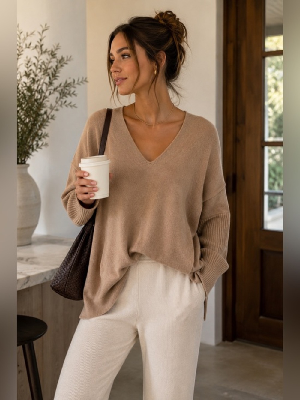 Babaton Aritzia Camel Oversized V Neck Sweater Wool Linen Minimalist XXS